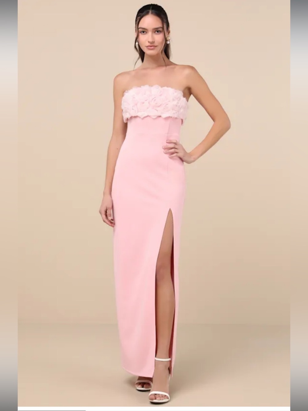 NWT-Fiore Light Pink 3D Rosette Strapless Maxi Dress